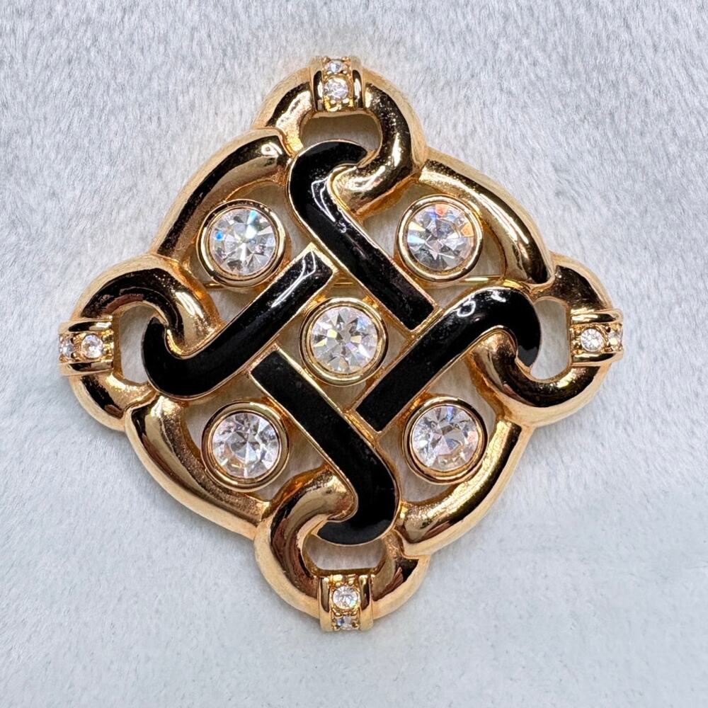 Swarovski Swan‑Signed Art Deco Revival Brooch, Black Enamel and Crystal, 1990s